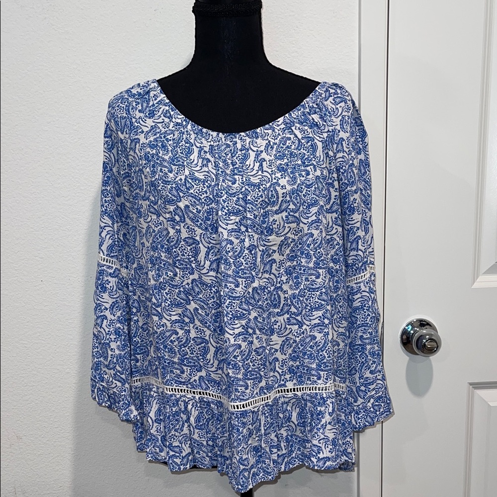 Blue and White Paisley Women's Blouse - Lightweight Long Sleeve Top